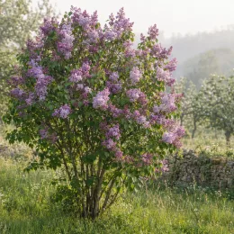 Lilas 'Katherine havemeyer' (Syringa vulgaris) — arbuste fleuri solitaire dans une prairie · Photo d'illustration
