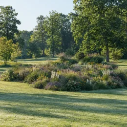 Plume du kansas 'Alba' (Liatris spicata) — massif fleuri au milieu d’une pelouse arborée · Photo d'illustration