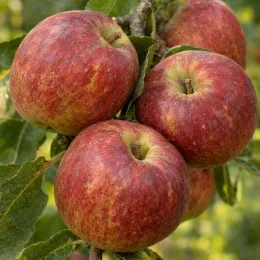 Pommier 'Stayman' (Malus domestica) — grappe de gros fruits rouges striés sur branche