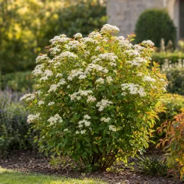 Spirée du japon 'Shirobana' (Spiraea japonica) — arbuste arrondi couvert de petites fleurs blanches · Photo d'illustration
