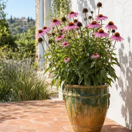 Échinacée (Echinacea purpurea) — touffe de fleurs mauves en pot sur terrasse · Photo d'illustration