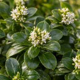Pachysandre du japon (Pachysandra terminalis) — petites inflorescences blanches dressées parmi feuillage vernissé · Photo d'illustration