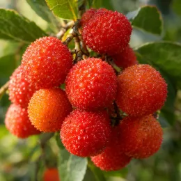 Arbousier ou arbre aux fraises 'Two' (Arbutus unedo) — gros plan sur grappes de fruits rouges · Photo d'illustration