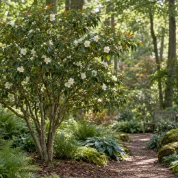 Gordlinia (Gordlinia grandiflora) — arbuste fleuri près d'un sentier de jardin ombragé · Photo d'illustration
