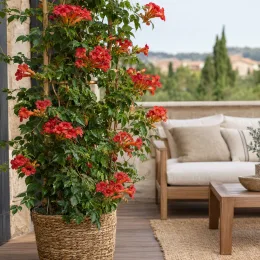 Bignonne 'Summer jazz tm fire trumpet vine' (Campsis) — plante grimpante en pot d’osier sur terrasse