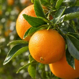 Oranger 'New hall new hall' (Citrus sinensis) — gros plan sur plusieurs fruits mûrs avec feuillage · Photo d'illustration