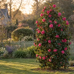 Camélia du japon 'Betty ridley rose' (Camellia japonica) — grand arbuste fleuri rose dans un jardin · Photo d'illustration