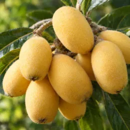 Néflier du japon 'Peluche' (Eriobotrya japonica) — grappe de fruits allongés jaunes duveteux · Photo d'illustration