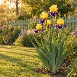 Iris d'allemagne 'Millestone jaune' (Iris germanica) — touffe d’iris bicolores jaunes et violets au jardin · Photo d'illustration