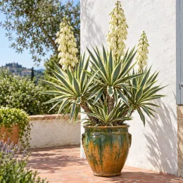 Yucca 'Variegata' (Yucca gloriosa) — grand sujet graphique en pot sur terrasse · Photo d'illustration
