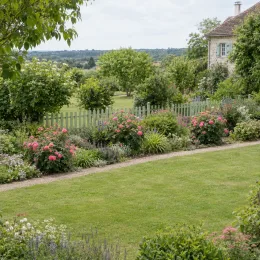Rosier 'Special anniversaire' (Rosa hybrida) — massif fleuri le long d'une clôture de jardin · Photo d'illustration