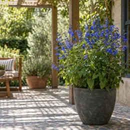 Sauge gentiane 'Blue angel' (Salvia patens) — grand pot de fleurs bleues sur terrasse · Photo d'illustration