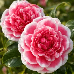 Camélia du japon 'Volunteer' (Camellia japonica) — deux grandes fleurs bicolores en gros plan