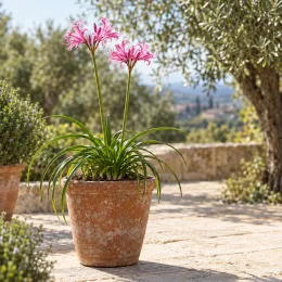 Lis de guernesey (Nerine bowdenii) — plante en pot avec longues feuilles et fleurs roses · Photo d'illustration
