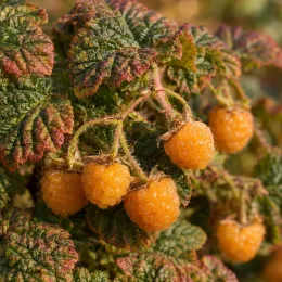 Framboisier rampant de taïwan 'Emerald carpet' (Rubus pentalobus) — fruits jaunes groupés sur feuillage nervuré, gros plan · Photo d'illustration