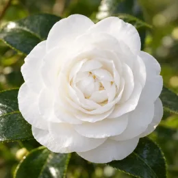 Camélia du japon 'Nuccio s gem blanc' (Camellia japonica) — gros plan de fleur blanche épanouie