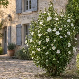 Althéa 'Eleonore blanc' (Hibiscus syriacus) — arbuste fleuri à grandes fleurs claires devant maison · Photo d'illustration
