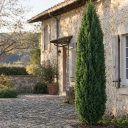 Cyprès d'italie 'Pyramidalis' (Cupressocyparis leylandii) — conifère étroit dressé devant une maison en pierre