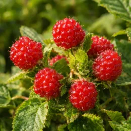 Mûre rampant de taïwan (Rubus taiwanicola) — gros plan de petits fruits rouges brillants · Photo d'illustration