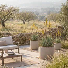 Aloe vera — plantes succulentes en pot sur terrasse ensoleillée