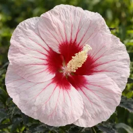 Hibiscus des marais 'Jolly heart' (Hibiscus moscheutos) — gros plan sur grande fleur bicolore · Photo d'illustration