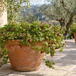 Framboisier nain arctique 'Sofia' (Rubus arcticus) — pot en terre cuite sur terrasse, petits fruits rouges · Photo d'illustration
