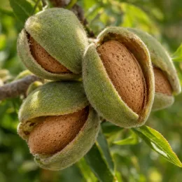 Amandier 'Santa caterina' (Prunus amygdalus) — gros plan sur fruits à coque velus ouverts