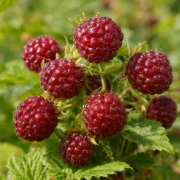 Framboisier nain arctique 'Sofia' (Rubus arcticus) — grappes de petits fruits rouges mûrs · Photo d'illustration