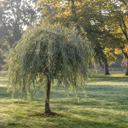 Poirier à feuilles de saule 'Pendula' (Pyrus salicifolia) — arbre au port pleureur isolé sur pelouse · Photo d'illustration