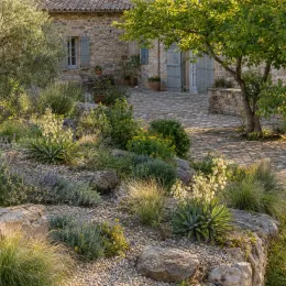 Yucca ondulé (Yucca rupicola) — massif méditerranéen sur gravier devant maison en pierre · Photo d'illustration