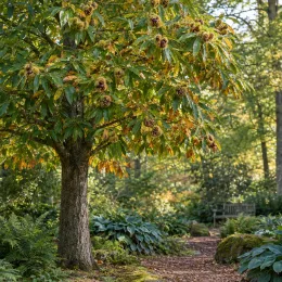 Châtaigner 'Belle epine' (Castanea sativa) — arbre dressé au bord d'un sentier forestier · Photo d'illustration