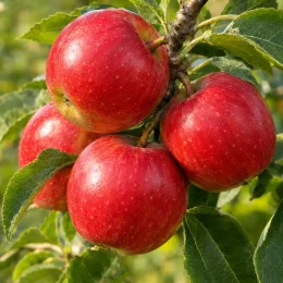 Pommier 'Nain garden sun red' (Malus domestica) — gros plan de pommes rouges sur branche feuillue