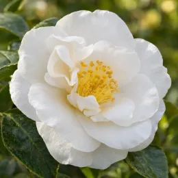 Camelia 'Janet waterhouse' (Camelia japonica) — fleur blanche épanouie au cœur jaune · Photo d'illustration