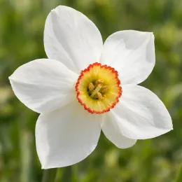 Jonquille 'Actaea' (Narcissus poeticus) — fleur blanche à cœur jaune cerclé de rouge