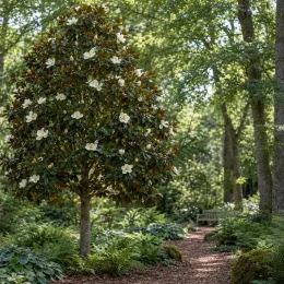 Magnolia de la galissonnière 'Galissoniere' (Magnolia grandiflora) — arbre en fleurs au bord d'un sentier