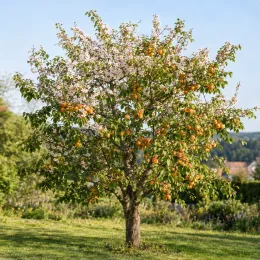 Abricotier 'Peche de nancy' (Prunus armeniaca) — arbre fruitier isolé couvert de fleurs et fruits