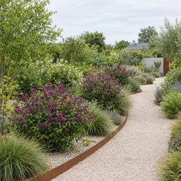 Lilas à petites feuilles 'Dark purple' (Syringa) — massif arbustif fleuri le long d’une allée