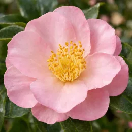 Camelia 'Pink goddess' (Camelia sasanqua) — gros plan de fleur rose à cœur jaune · Photo d'illustration