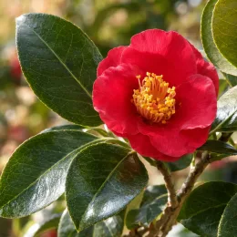 Camélia 'Mary williams rouge' (Camellia reticulata) — fleur rouge épanouie avec feuillage brillant