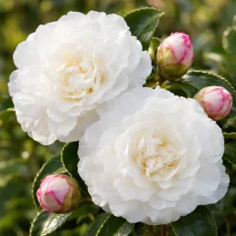 Camelia 'Fuji no yuki' (Camelia sasanqua) — gros plan sur fleurs blanches doubles et boutons roses · Photo d'illustration