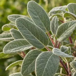 Sauge commune 'Grower's friend' (Salvia officinalis) — gros plan sur feuilles épaisses ovales texturées · Photo d'illustration