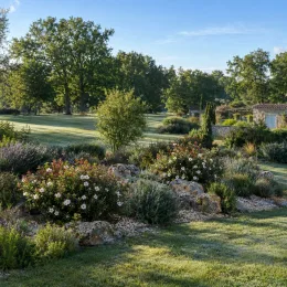 Ciste pourpre 'Alan fradd' (Cistus purpureus) — massifs de vivaces fleuries dans grand jardin champêtre · Photo d'illustration