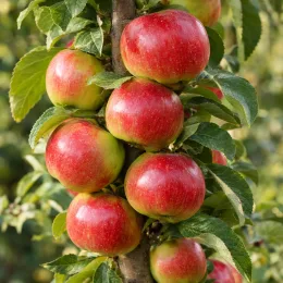 Pommier colonnaire ballerina 'Valse' (Malus domestica) — grappe verticale de pommes rouges sur branche feuillée · Photo d'illustration