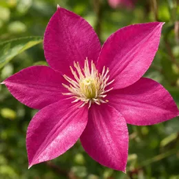 Clématite 'Nancy' (Clematis) — fleur étoilée rose vif en gros plan · Photo d'illustration