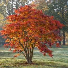 Érable du japon à feuilles d'aconit 'Aconitifolium' (Acer japonicum) — petit arbre au feuillage rouge orangé lumineux · Photo d'illustration