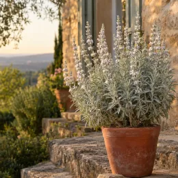 Sauge officinale (Salvia apiana) — arbuste aromatique en pot sur marches en pierre · Photo d'illustration