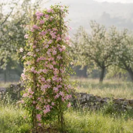 Clématite 'Mayleen' (Clematis montana) — grande liane fleurie palissée sur un support · Photo d'illustration