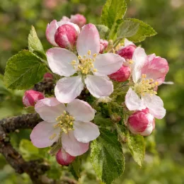 Pommier sauvage (Malus sylvestris) — grappe de fleurs blanches rosées et boutons · Photo d'illustration