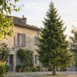 Sapin de douglas 'Menziesii' (Pseudotsuga douglasii) — grand conifère isolé devant maison en pierre · Photo d'illustration