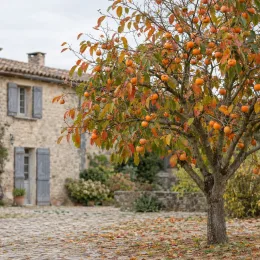 Plaqueminier 'Vaniglia' (Diospyros kaki) — arbre fruitier chargé de fruits orange devant maison
